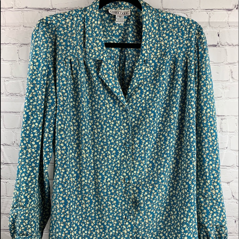 VINTAGE ALYSSA CARR Shirt Button-down with Blue Cotton Print